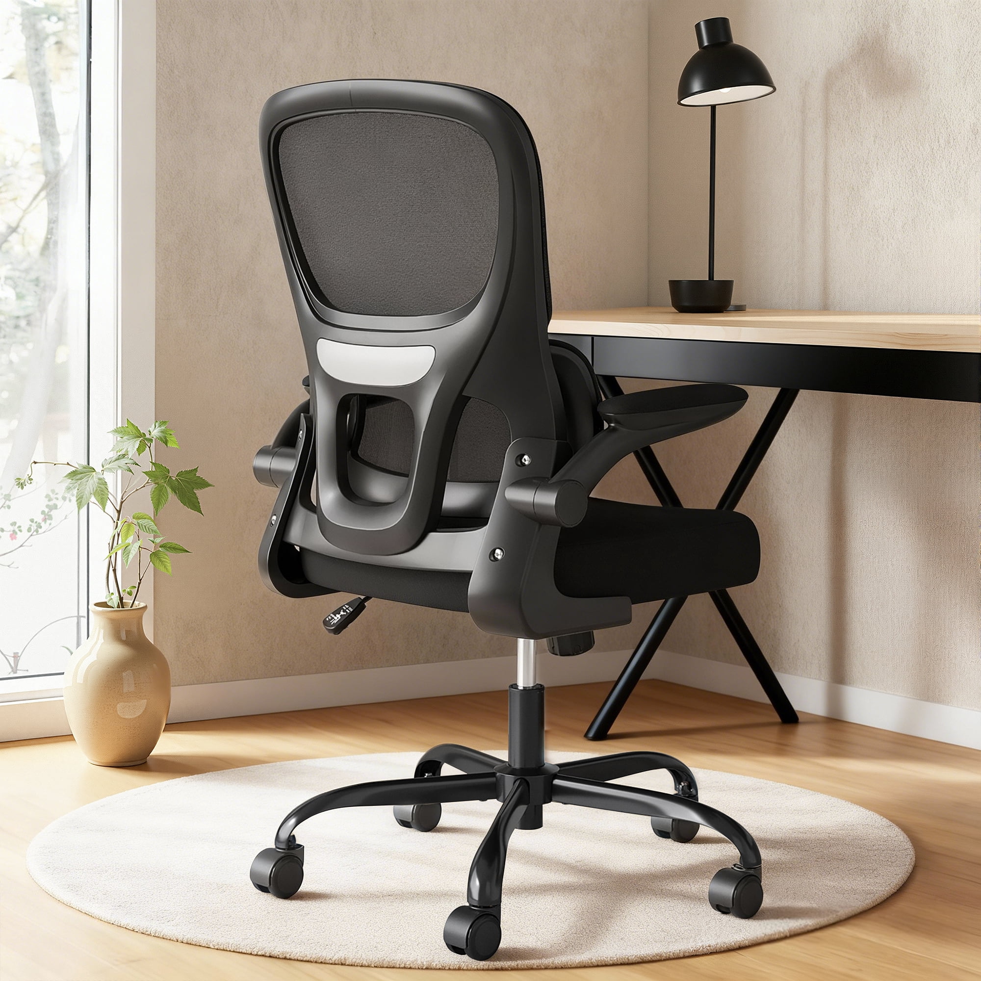 MAYEERTY Ergonomic Home Office Chair with Mesh Back, Lumbar Support, Flip-up Armrests for Work & Study, Black