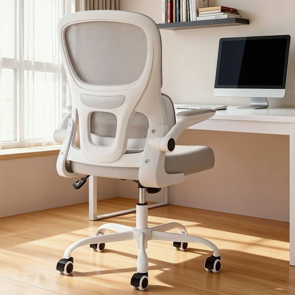 MAYEERTY Ergonomic Home Office Chair with Mesh Back, Lumbar Support, Flip-up Armrests for Work & Study, Khaki