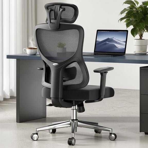 MAYEERTY Ergonomic Mesh Home Office Chair with Headrest, Adjustable Lumbar Support, 3D Armrests, Black