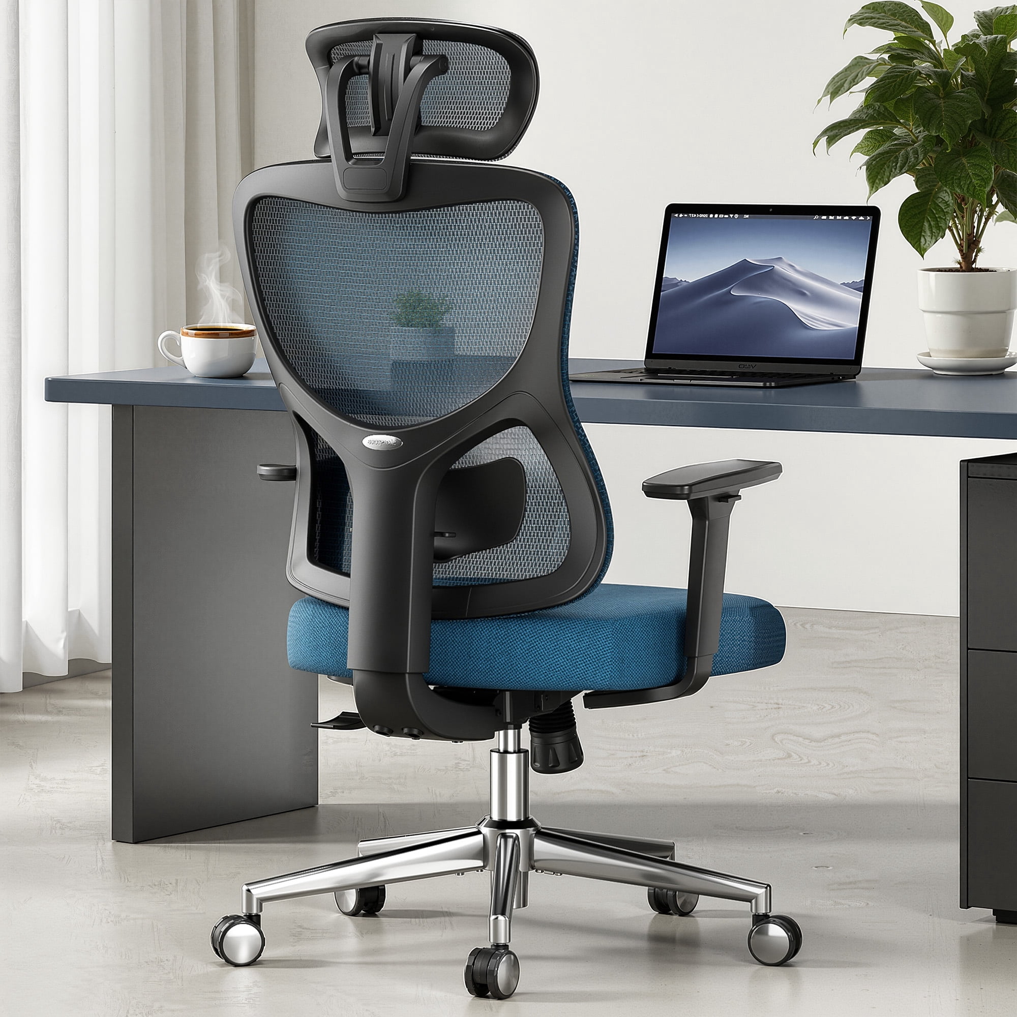 MAYEERTY Ergonomic Mesh Home Office Chair with Headrest, Adjustable Lumbar Support, 3D Armrests, Blue