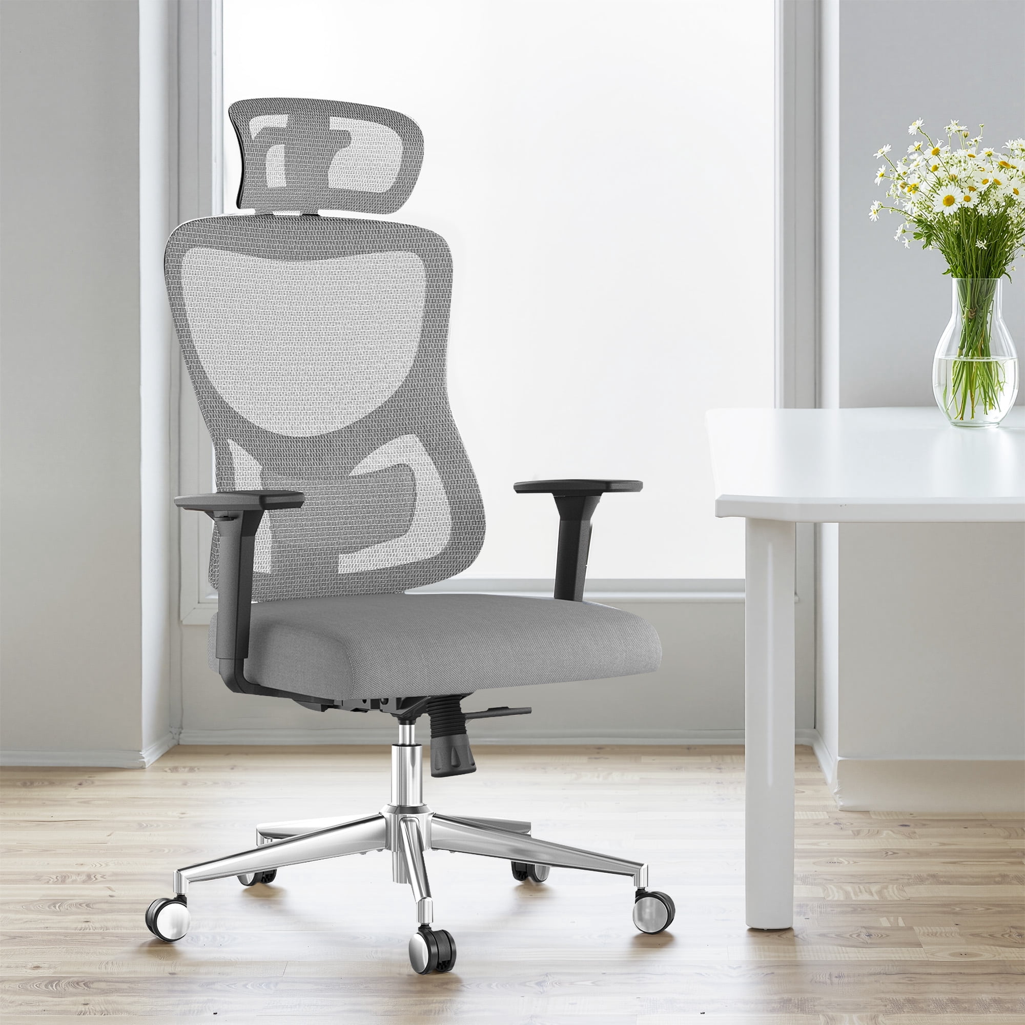 MAYEERTY Ergonomic Mesh Home Office Chair with Headrest, Adjustable Lumbar Support, 3D Armrests, Gray