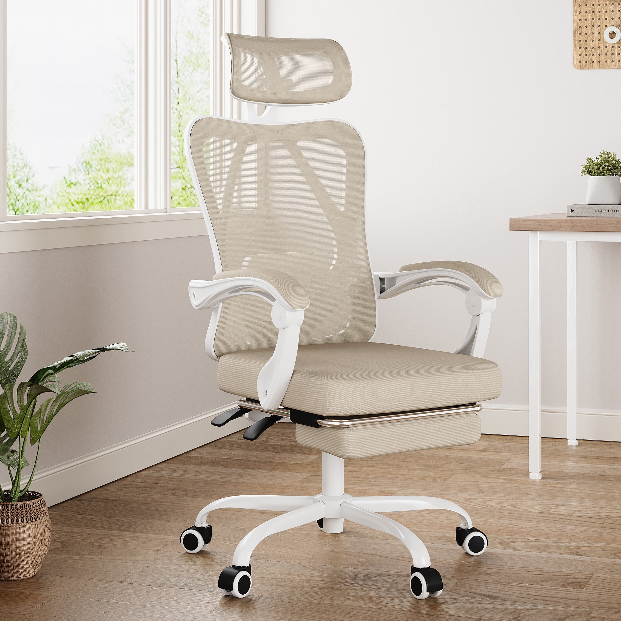 MAYEERTY Ergonomic Mesh Office Chair with Headrest, Lumbar Support, Footrest for Home Office Study, Khaki