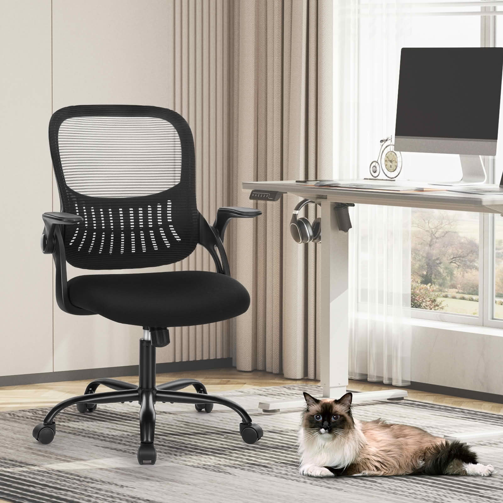 MAYEERTY Ergonomic Mid-Back Office Chair, Flip Handrail Lumbar Support Rocking Mode Height Adjustable