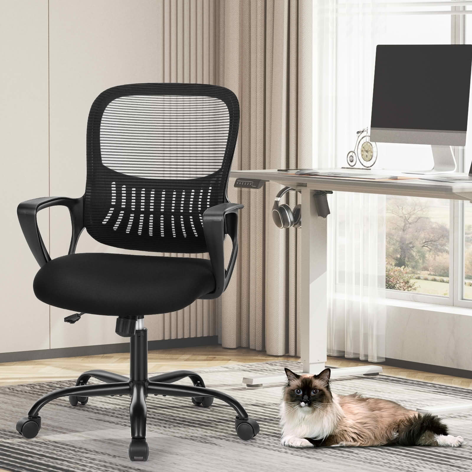 MAYEERTY Ergonomic Mid-Back Office Chair, Lumbar Support Rocking Mode Fixed Armrest