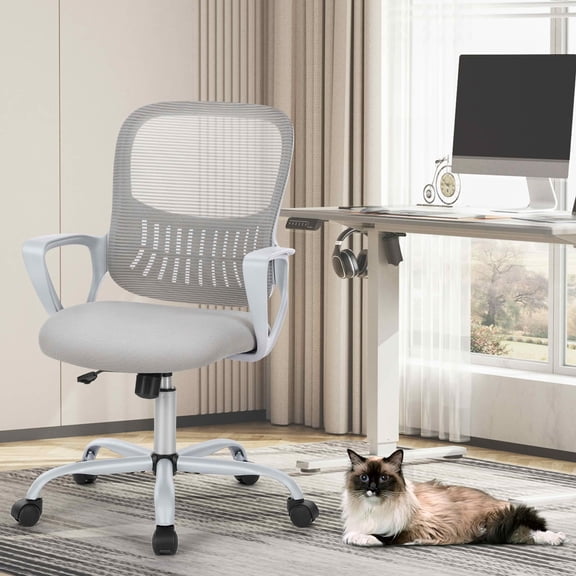 MAYEERTY Ergonomic Mid-Back Office Chair, Lumbar Support Rocking Mode Fixed Armrest