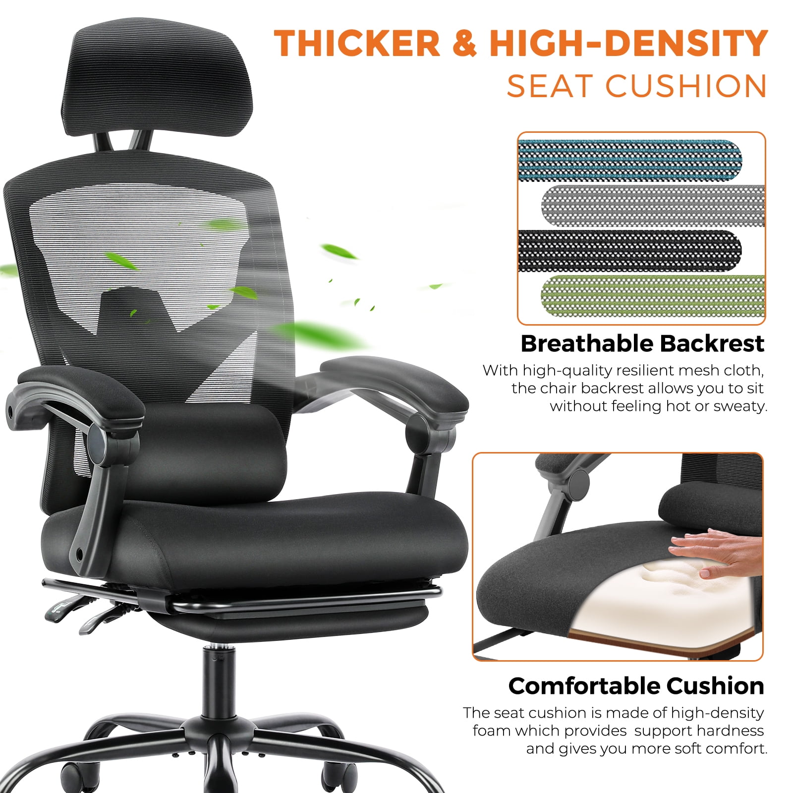 MAYEERTY Ergonomic Office Chair, Comfort Home Office Task Chair, Lumbar Support Computer Chair with Flip-up Arms and Adjustable Height, Black
