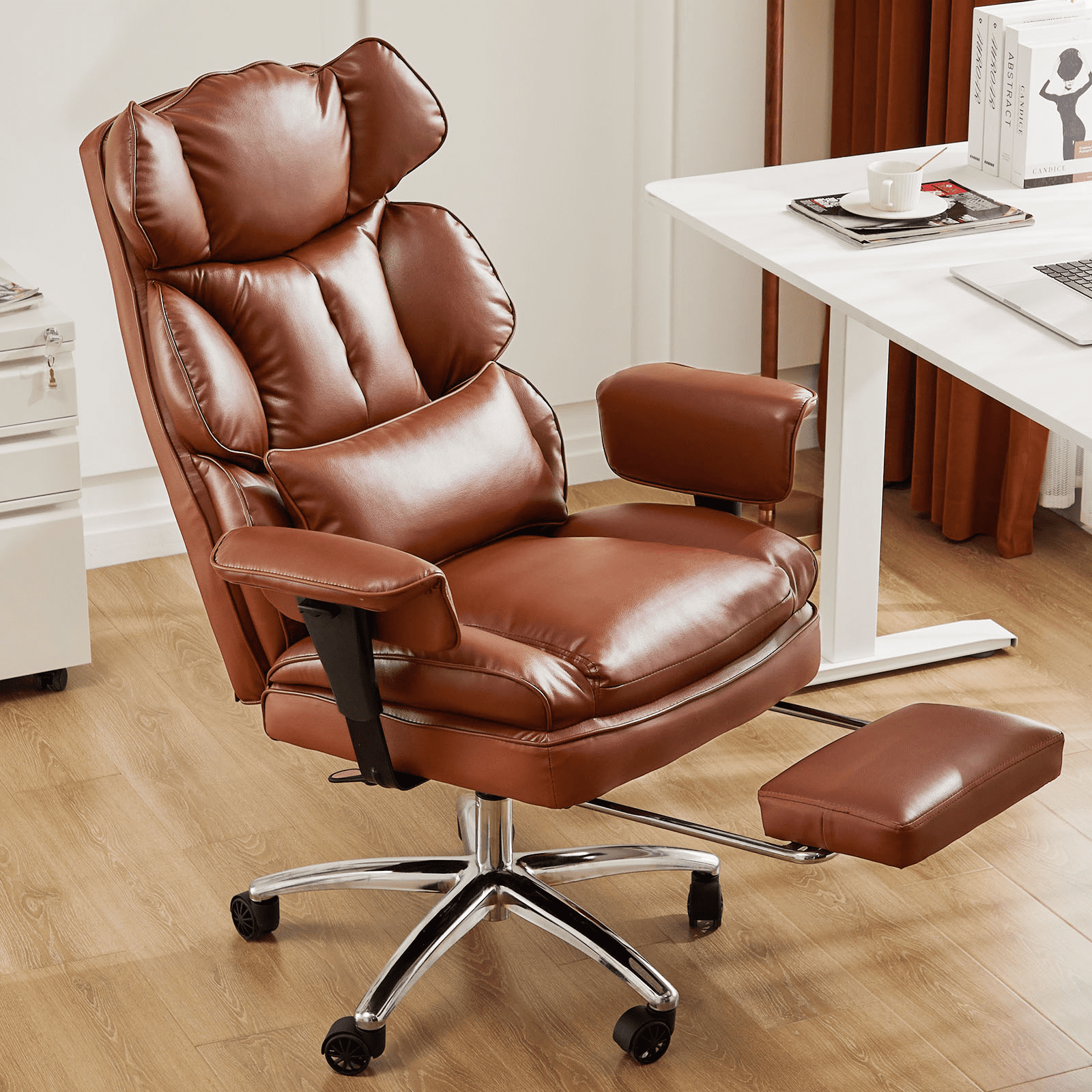 MAYEERTY High Back Executive PU Leather Office Chair with Retractable Footrest, 90°-135° Reclining Ergonomic Computer Desk Chair, Height Adjustable with Lumbar Support & Armrests