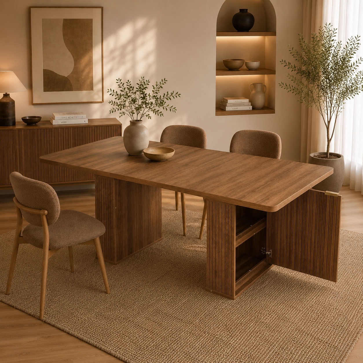 MAYEERTY Extendable Rectangular Dining Table for 6-10, Modern Expandable Kitchen Table with Built-in Storage Cabinet & Hidden Extension Leaf, for Dining Room, Apartment, Kitchen