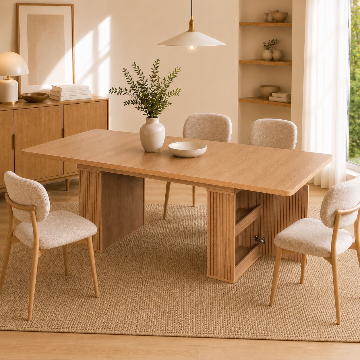 MAYEERTY Extendable Rectangular Dining Table for 6-10, Modern Expandable Kitchen Table with Built-in Storage Cabinet & Hidden Extension Leaf, for Dining Room, Apartment, Kitchen