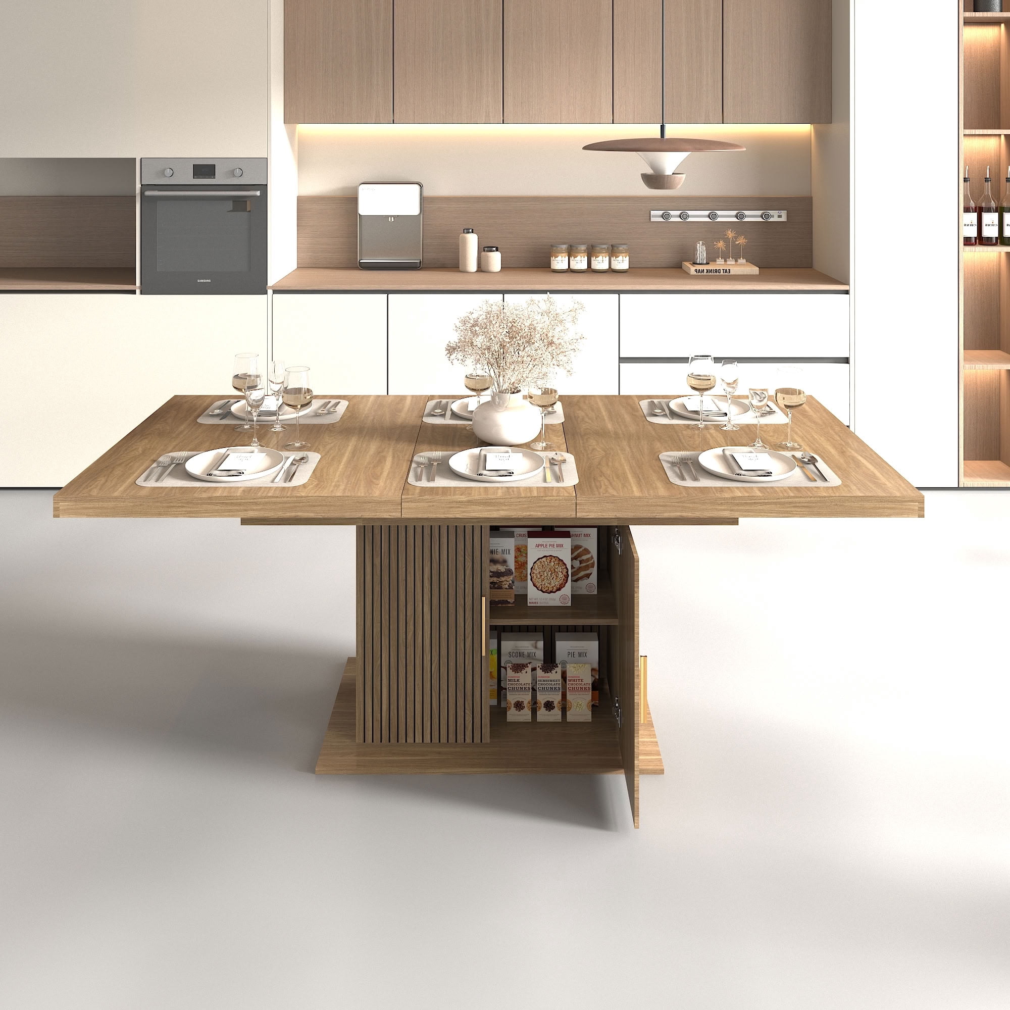 MAYEERTY Extendable Rectangular Dining Table for 6-10, Modern Extendable Kitchen Dining Table with Storage Cabinet, Waterproof Surface, for Dining Room, Apartment, Kitchen, Family Gathering Furniture