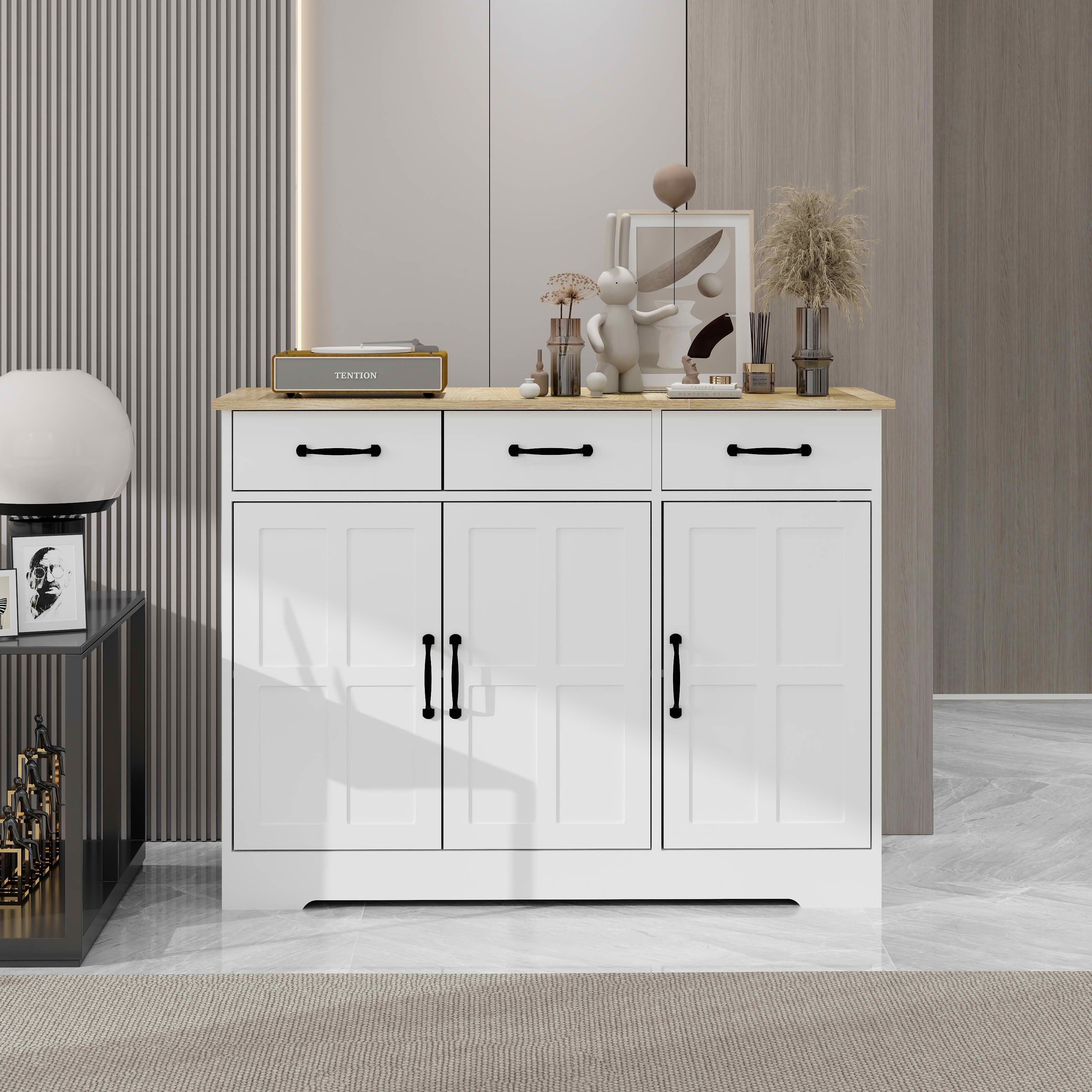 MAYEERTY Farmhouse Buffet Cabinet Storage Sideboard, 3 Drawers 3 Doors for Kitchen Dining Room White