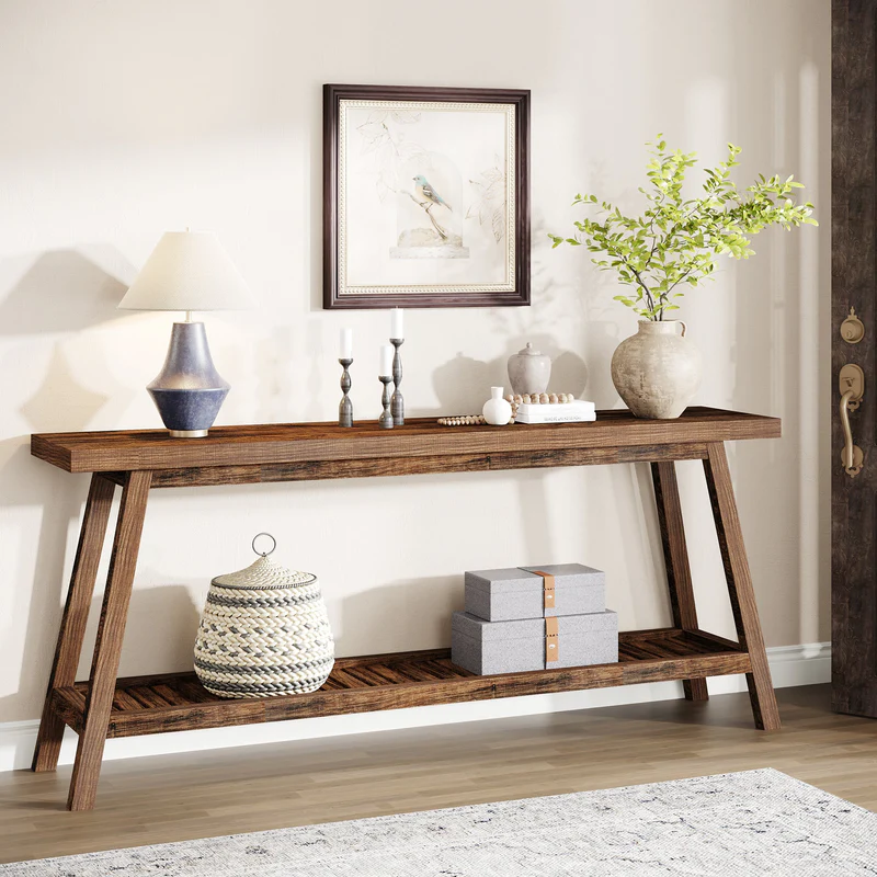 MAYEERTY 70.9 Inch Extra Long 2-Tier Console Table Rustic Farmhouse Style Trapezoid Heavy Duty Base
