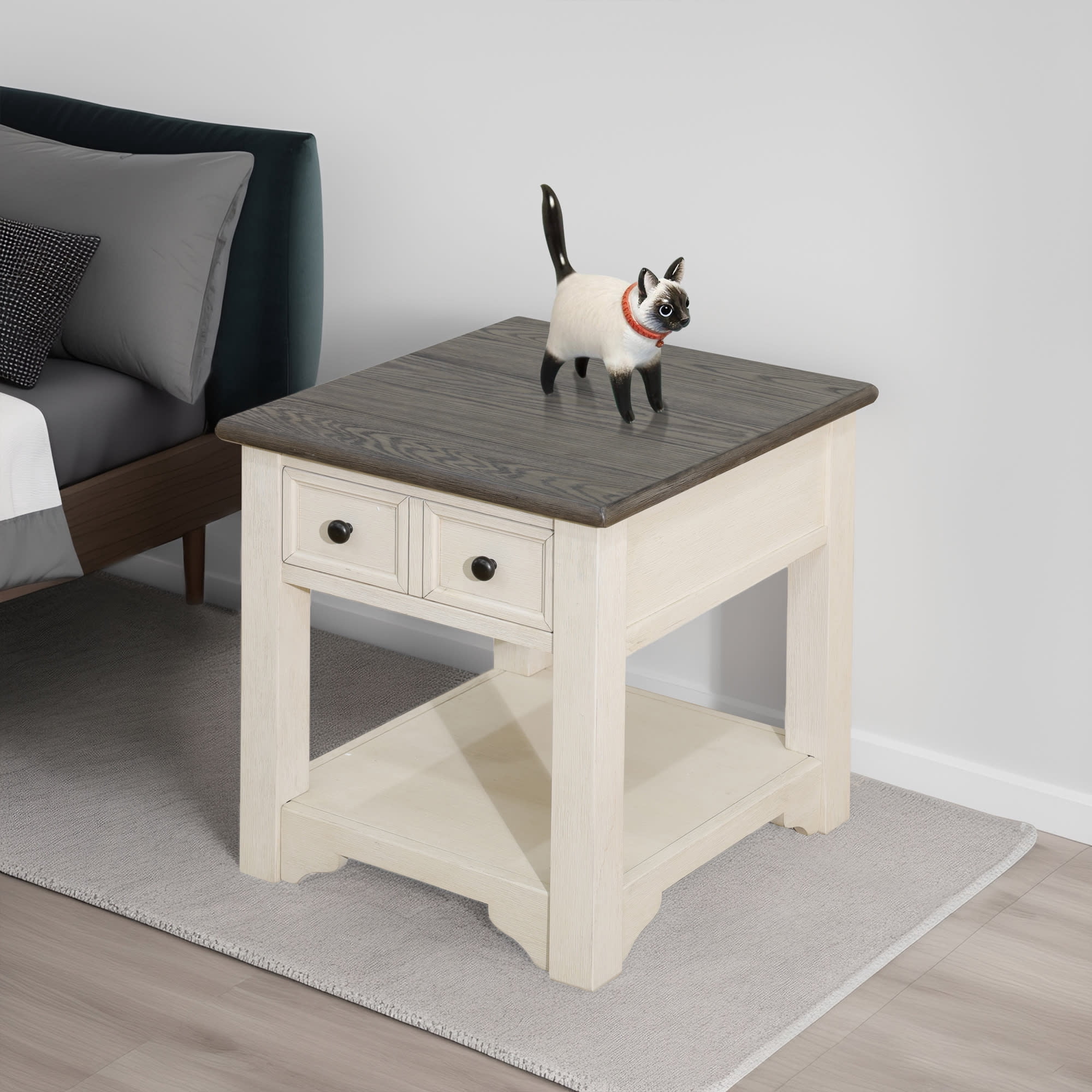 MAYEERTY Farmhouse End Table with Drawer and Shelf, Sturdy Wood Side Table for Bedroom Living Room