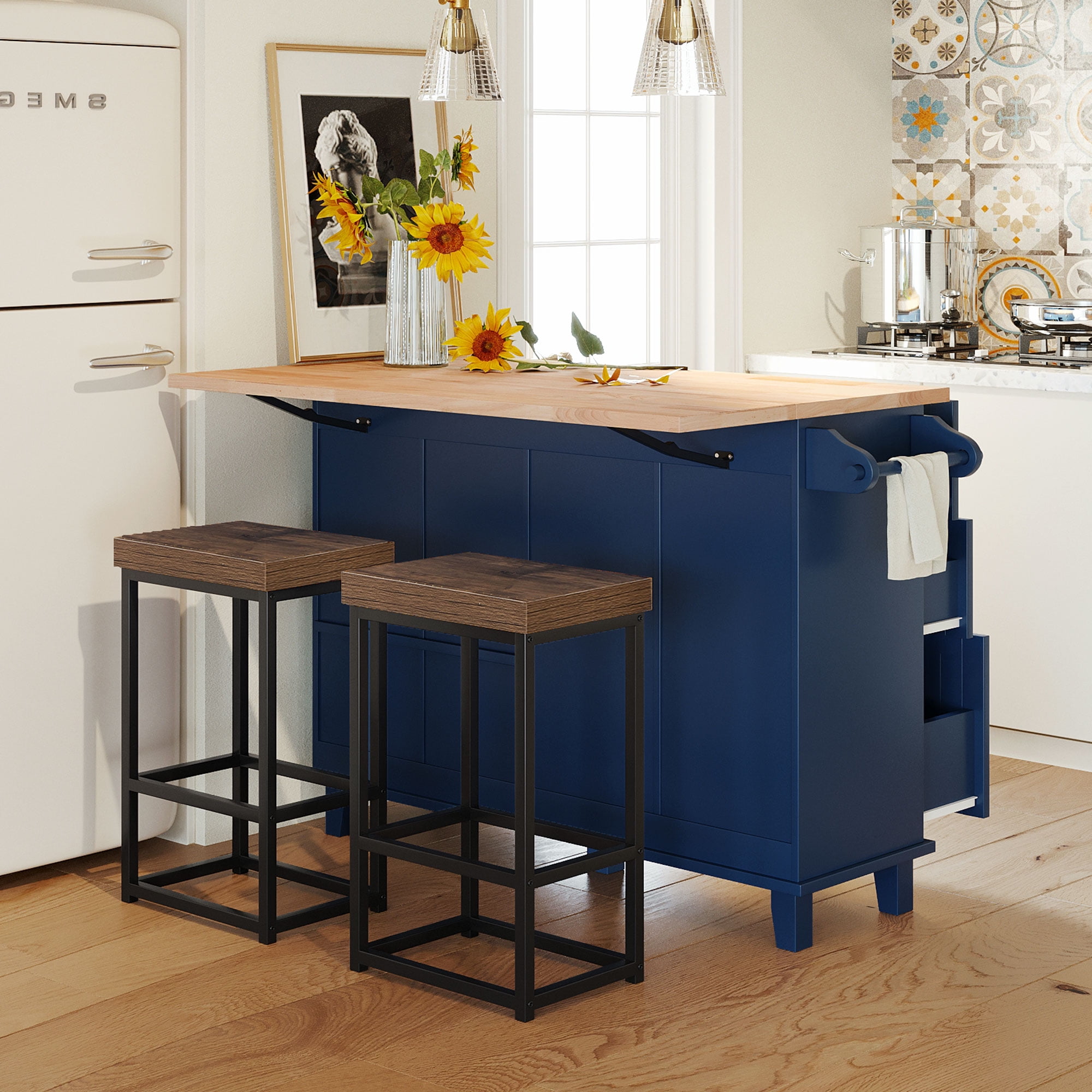 MAYEERTY Farmhouse Kitchen Island Set with Drop Leaf, Storage Cabinet, Drawers, and 2 Stools, Blue