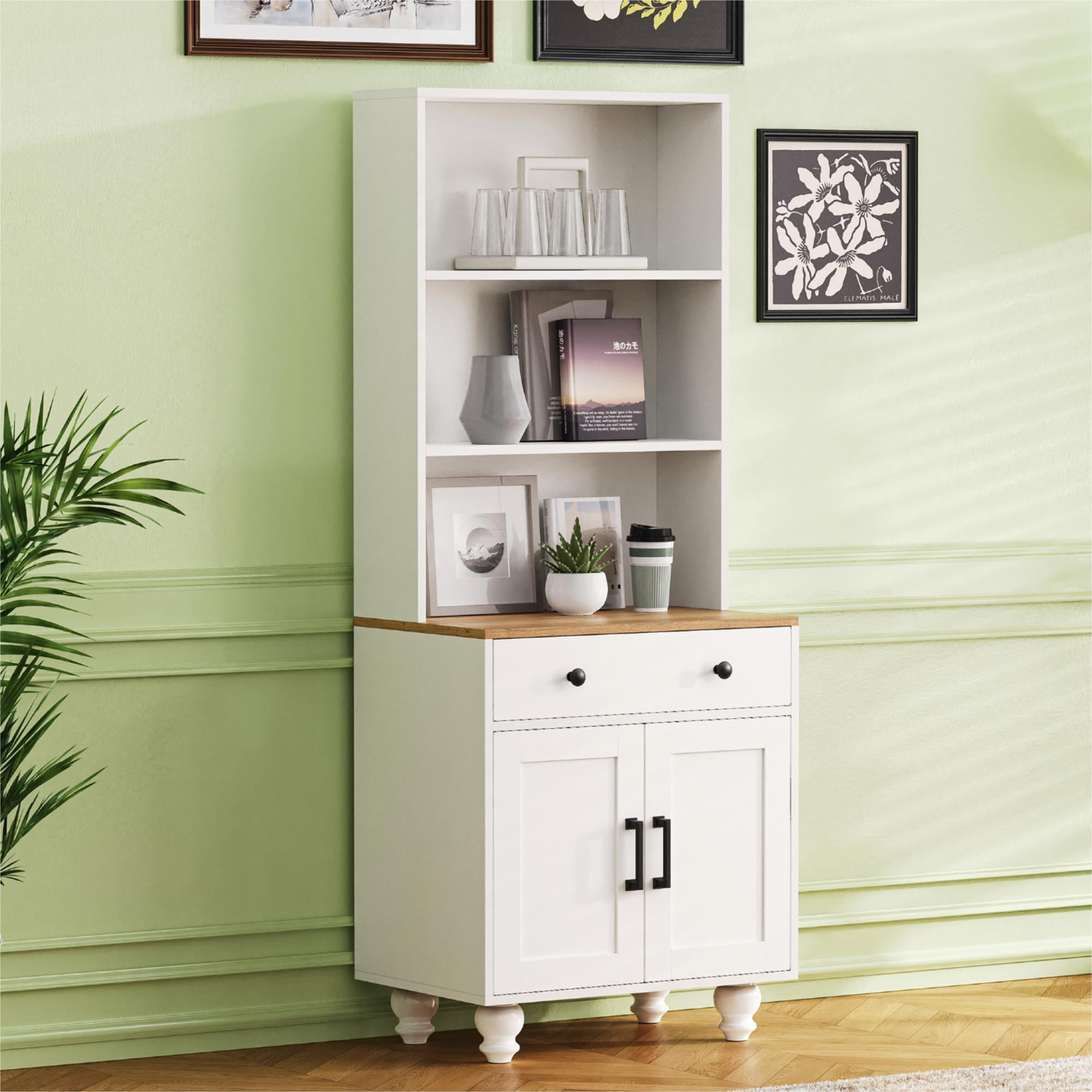 MAYEERTY Farmhouse Kitchen Storage Cabinet: 4 Solid Wood Gourd Shaped Legs&5 Tier Bookshelf with Drawer, Black