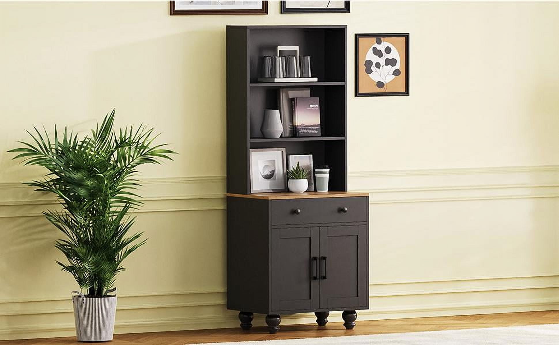 MAYEERTY Farmhouse Kitchen Storage Cabinet: 4 Solid Wood Gourd Shaped Legs&5 Tier Bookshelf with Drawer, Black