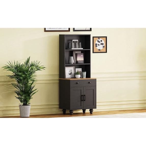 MAYEERTY Farmhouse Kitchen Storage Cabinet: 4 Solid Wood Gourd Shaped Legs&5 Tier Bookshelf with Drawer, Black