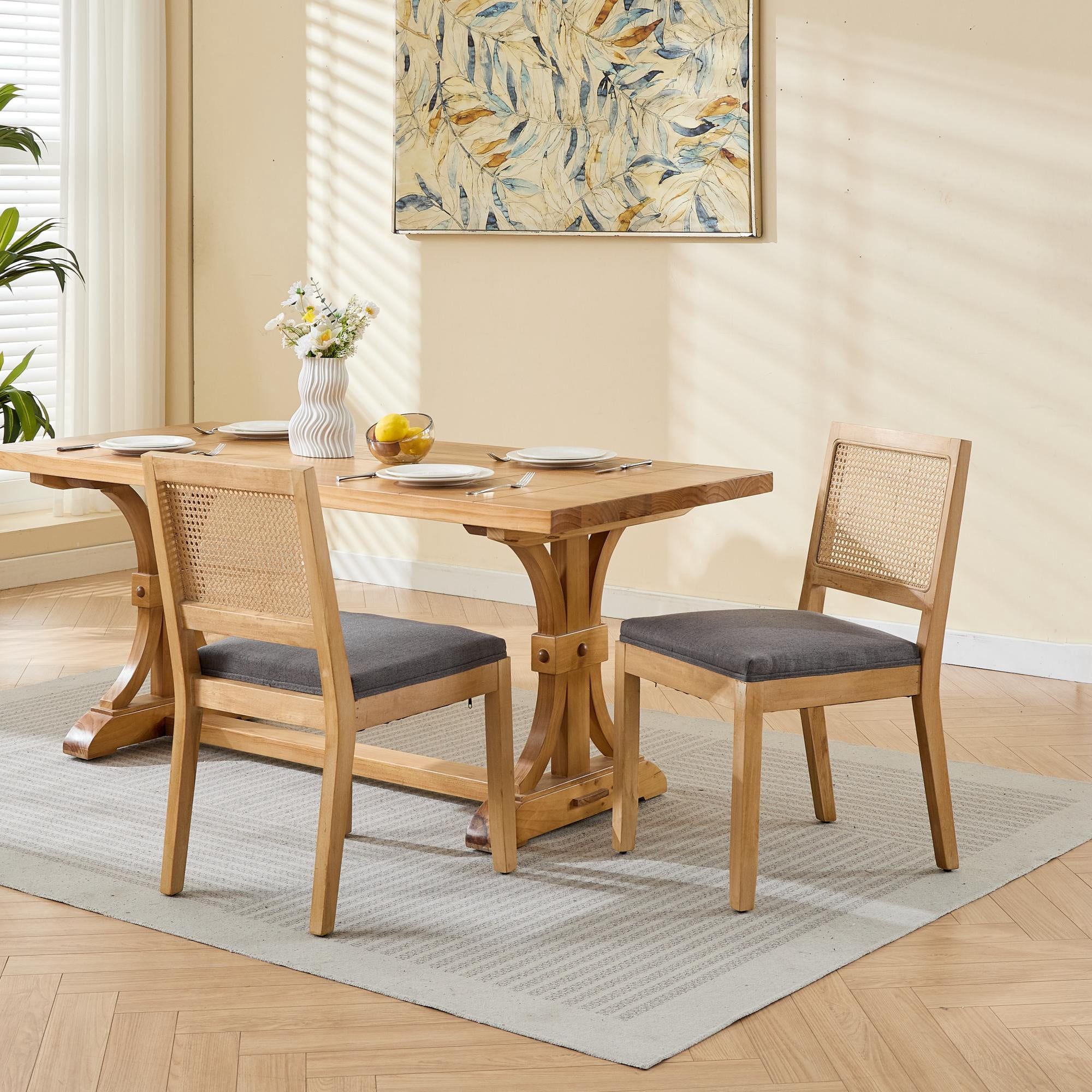 MAYEERTY Farmhouse Rattan Dining Chairs - Mid-Century Modern, Cane Upholstery, Natural Hardwood Frame, Gray, Set of 2