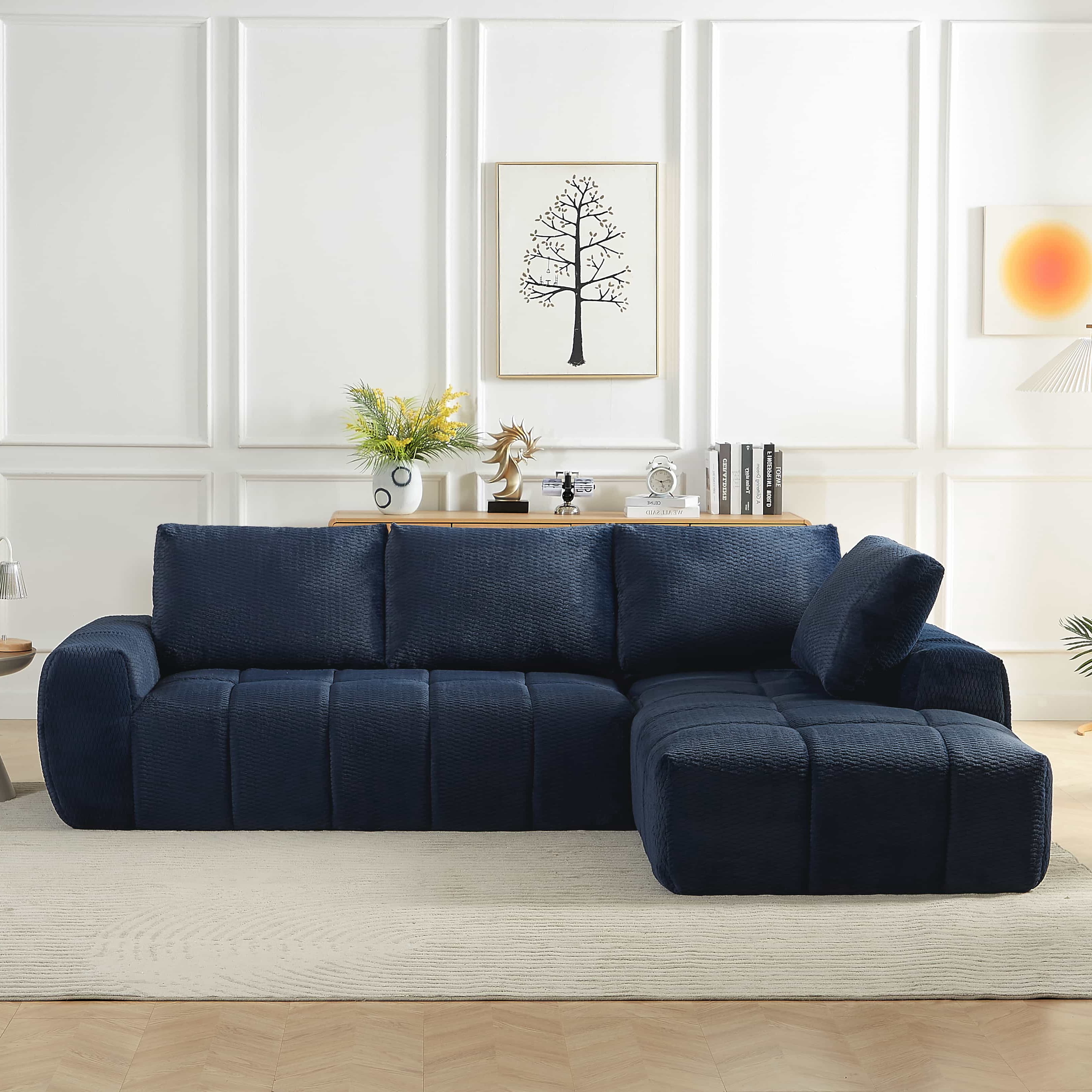 MAYEERTY Faux Fur L-Shape Oversized Sectional Sofa, Minimalist & Comfy Sleeper Couch for Living Room, 111×76" Blue