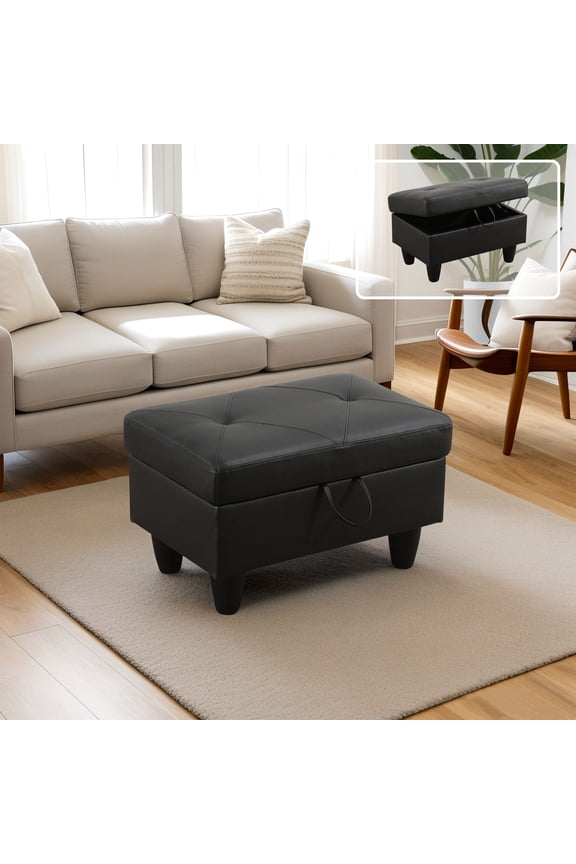 Faux Leather Ottoman with Storage for Modular Sectional Sofa, Black