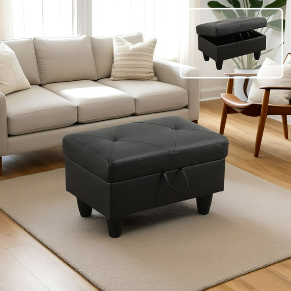 MAYEERTY Faux Leather Ottoman with Storage for Modular Sectional Sofa, Black