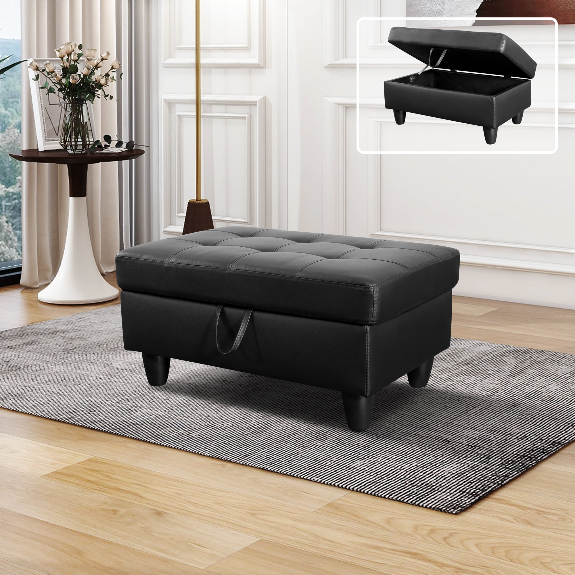 MAYEERTY Faux Leather Ottoman with Storage for Modular Sectional Sofa, Black