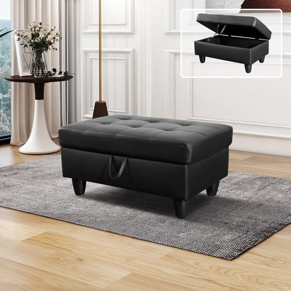 MAYEERTY Faux Leather Ottoman with Storage for Modular Sectional Sofa, Black