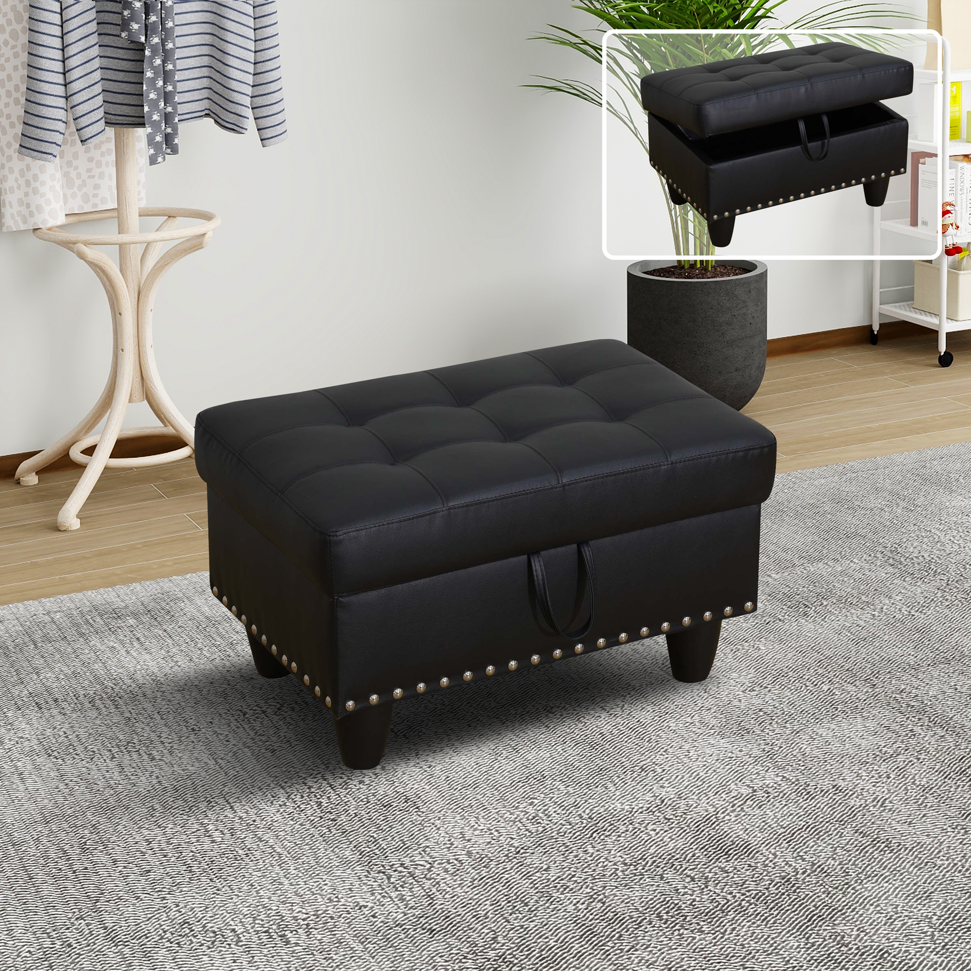 MAYEERTY Faux Leather Ottoman with Storage for Modular Sectional Sofa, Black