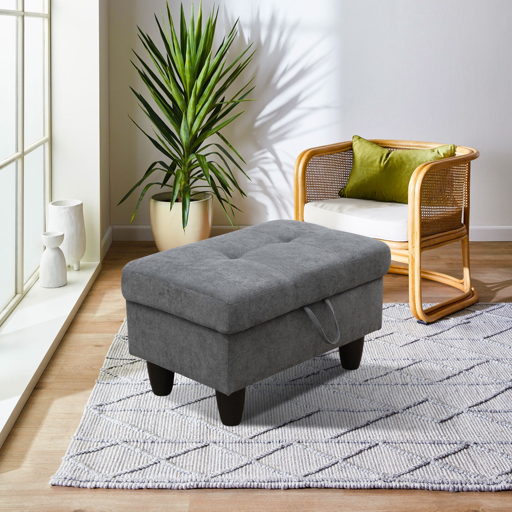 MAYEERTY Faux Leather Ottoman with Storage for Modular Sectional Sofa, Dark Grey