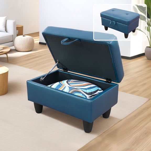 MAYEERTY Faux Leather Ottoman with Storage for Modular Sectional Sofa, Deep Blue