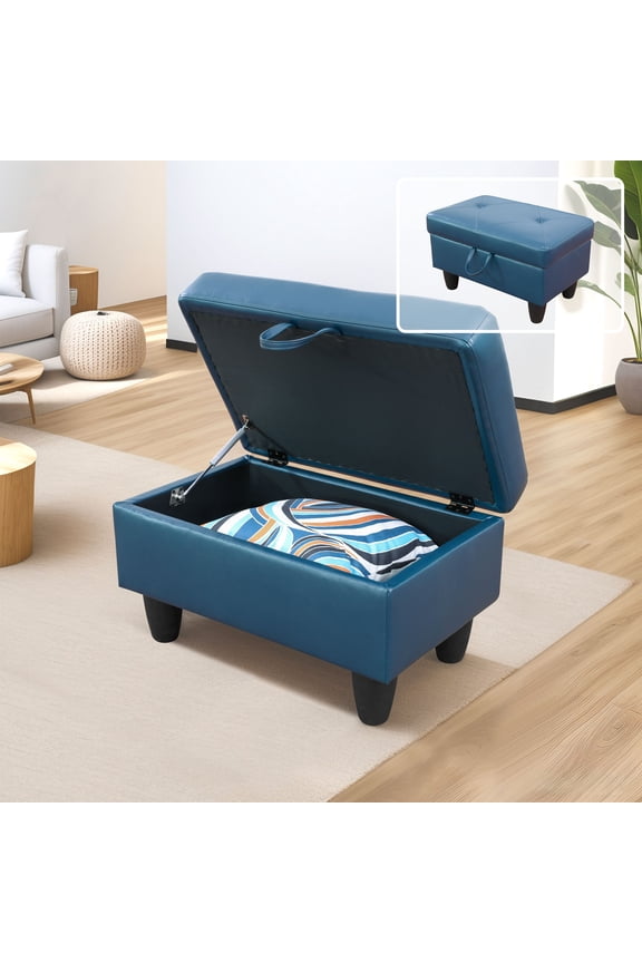 Faux Leather Ottoman with Storage for Modular Sectional Sofa, Deep Blue