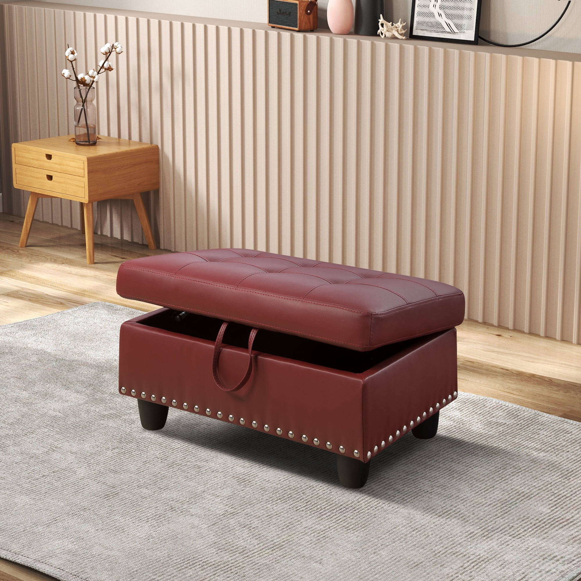 MAYEERTY Faux Leather Ottoman with Storage for Modular Sectional Sofa, Red