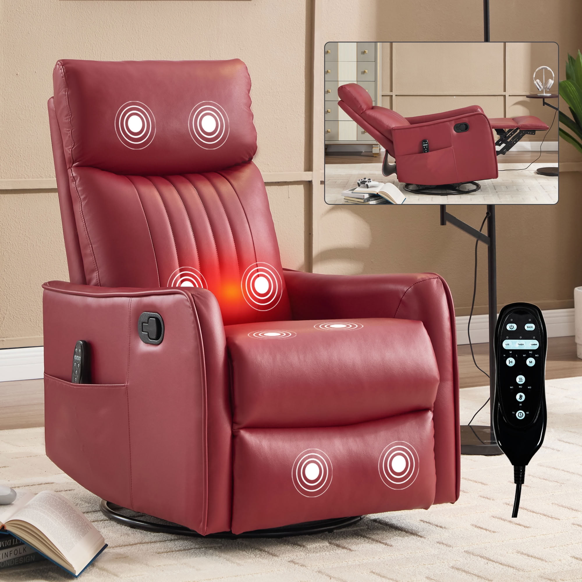 MAYEERTY Faux Leather Swivel Recliner Chair, Manual Rocker Glider Chair with 8-Point Vibration Massage & Lumbar Heat, for Living Room Nursery Home Office