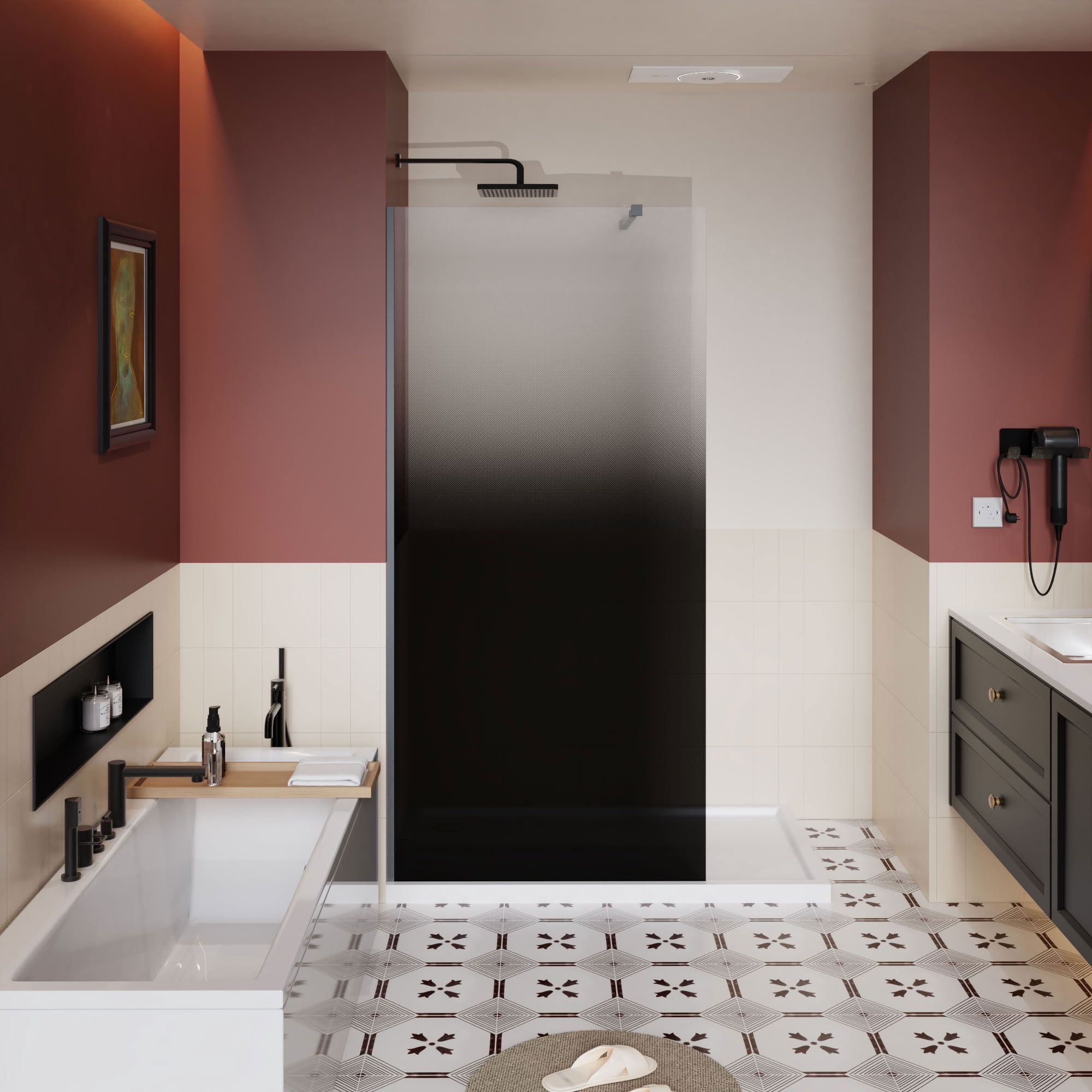 MAYEERTY Fixed Shower Door, Black Aluminum Frame, 1/4" Black Gradient Tempered Glass with Supporting Bar, Waterproof & Reversible Installation