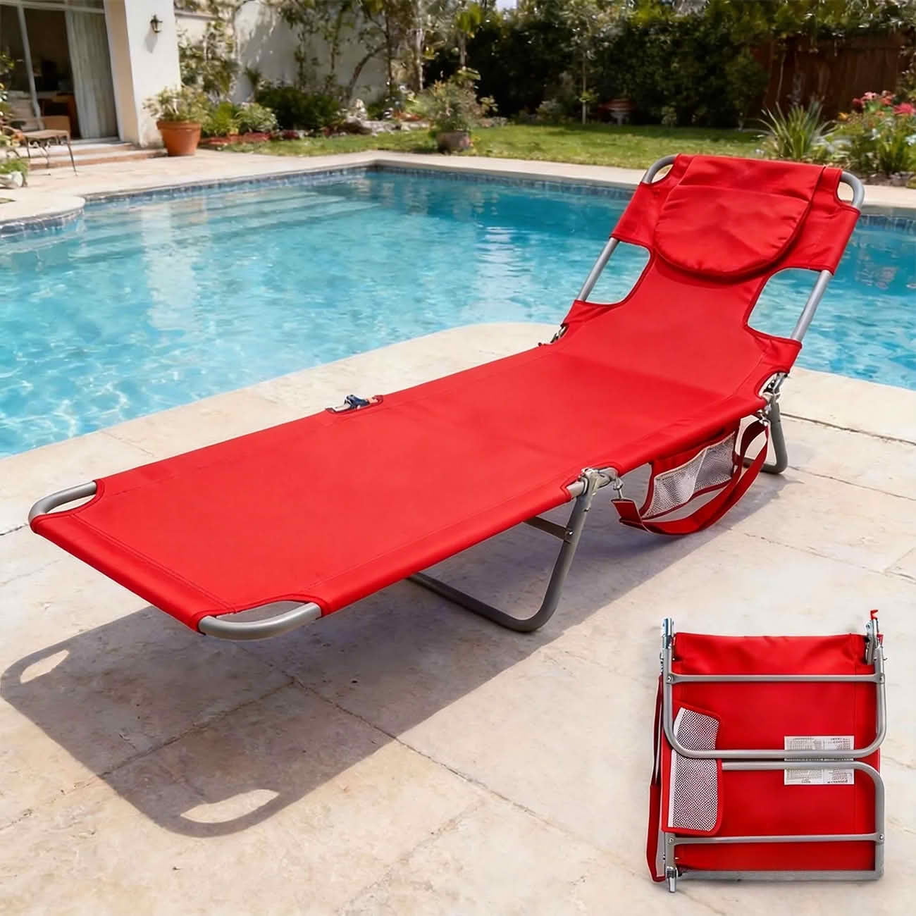 MAYEERTY Foldable Adjustable Beach Lounge Chair with Backpack Straps & Side Storage Pockets, Portable Metal Frame Reclining Lawn Chair for Pool Camping Terrace Lakeside