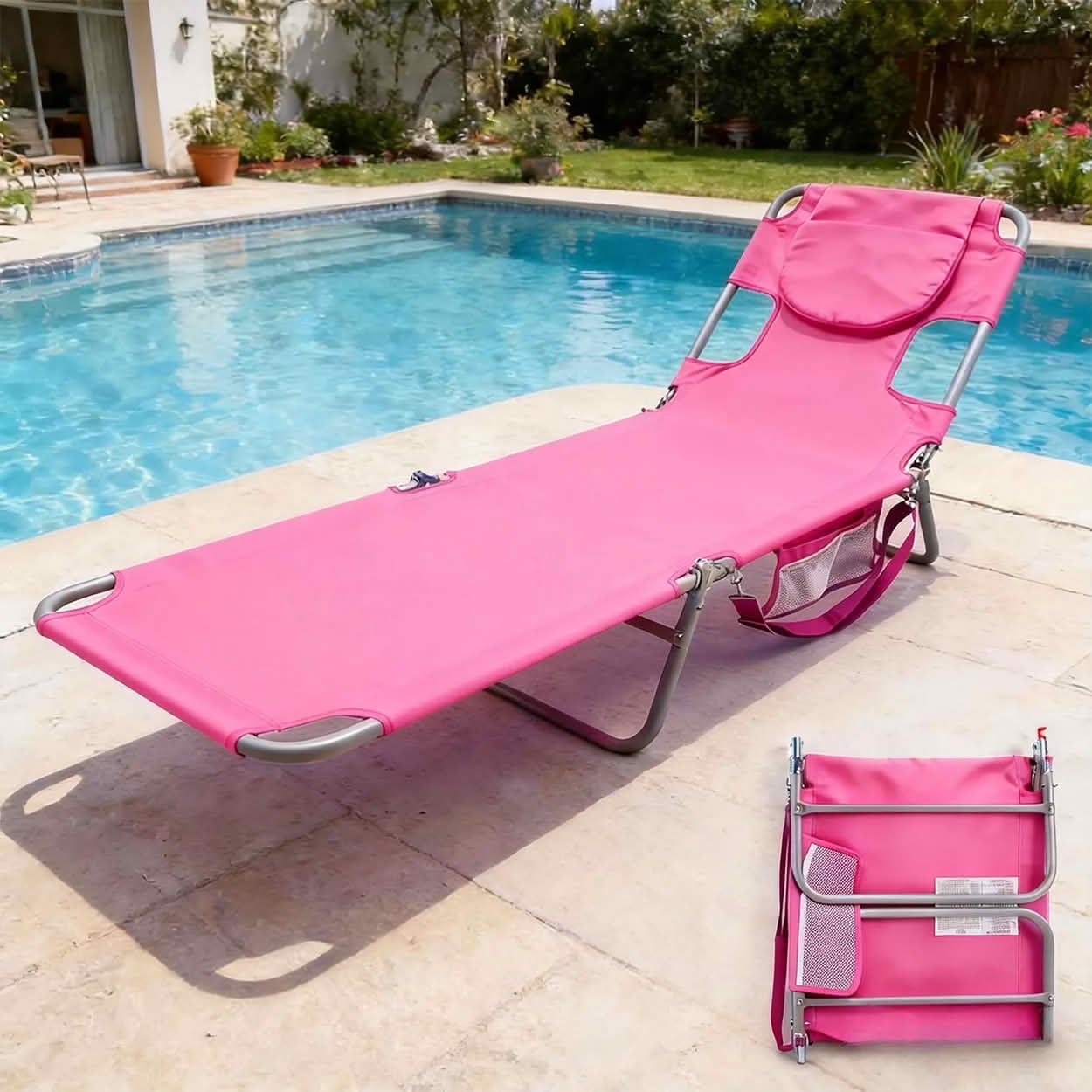 MAYEERTY Foldable Adjustable Beach Lounge Chair with Backpack Straps & Side Storage Pockets, Portable Metal Frame Reclining Lawn Chair for Pool Camping Terrace Lakeside
