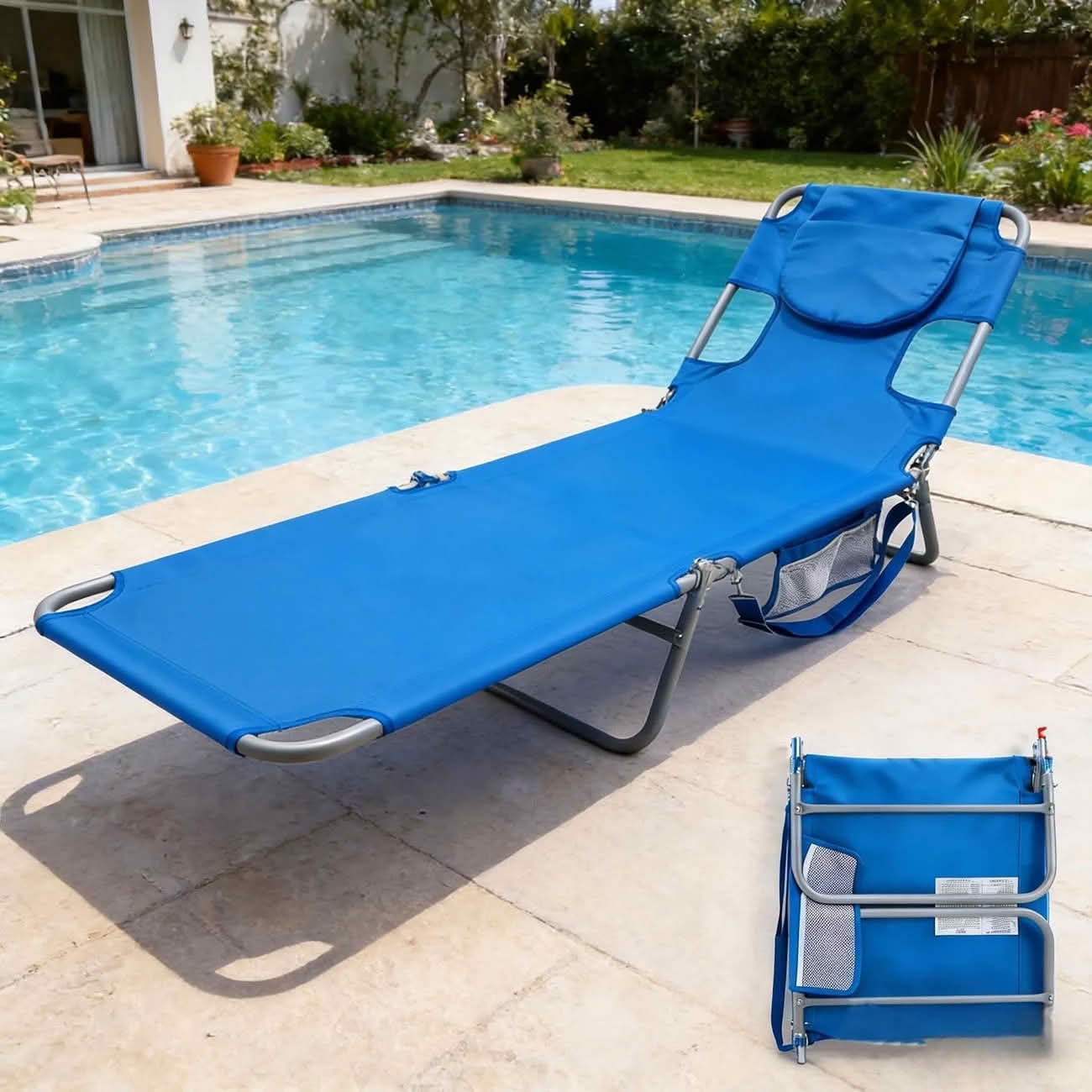MAYEERTY Foldable Adjustable Beach Lounge Chair with Backpack Straps & Side Storage Pockets, Portable Metal Frame Reclining Lawn Chair for Pool Camping Terrace Lakeside