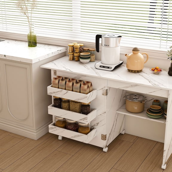 Lirago Folding Dining Table with Storage & Lockable Wheels, Multi-Functional Kitchen Island for Small Space, Apartments