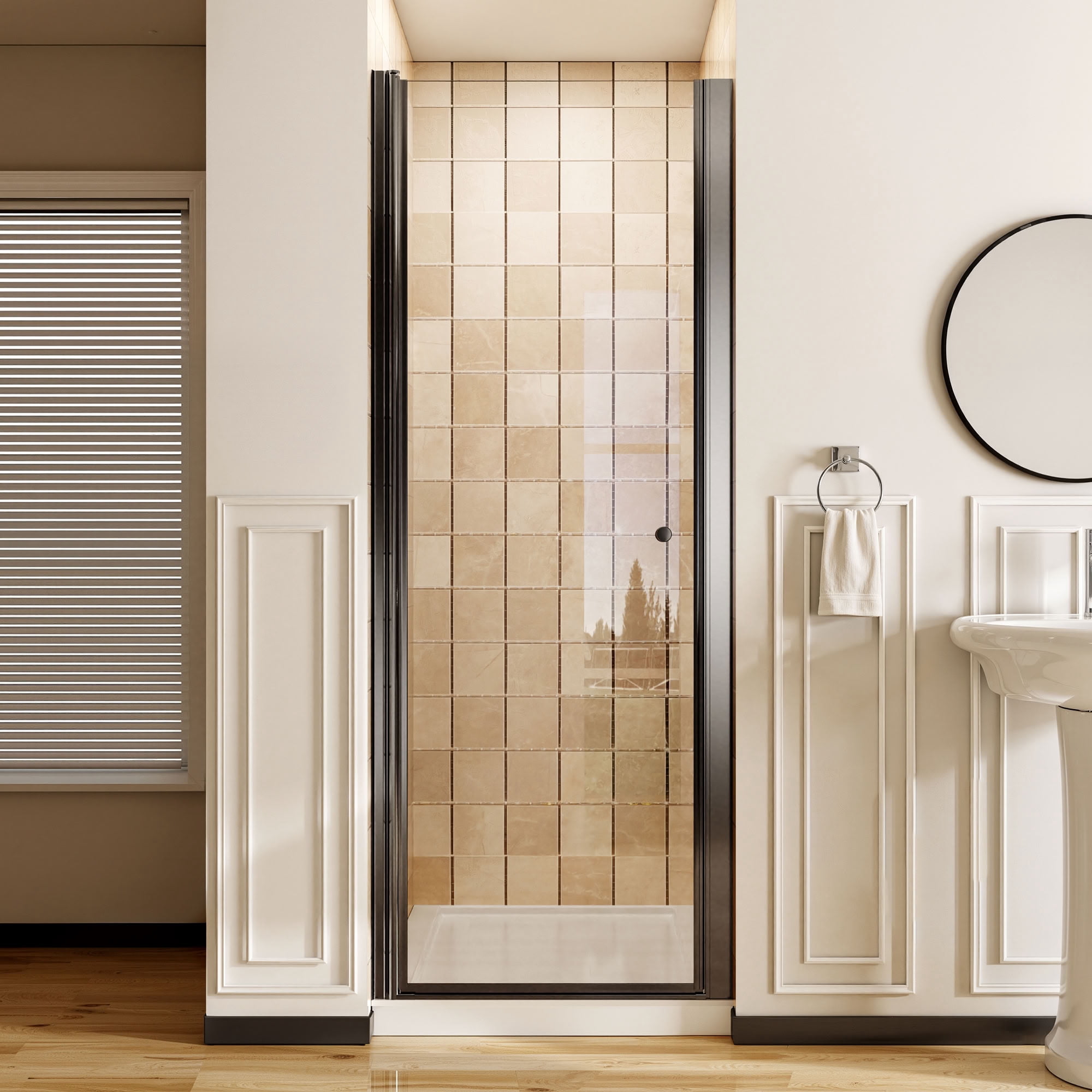 MAYEERTY Frameless Pivot Shower Door, Matte Black, 1/4" Tempered Glass with Explosion-Proof Film, Waterproof & 180° Pivot