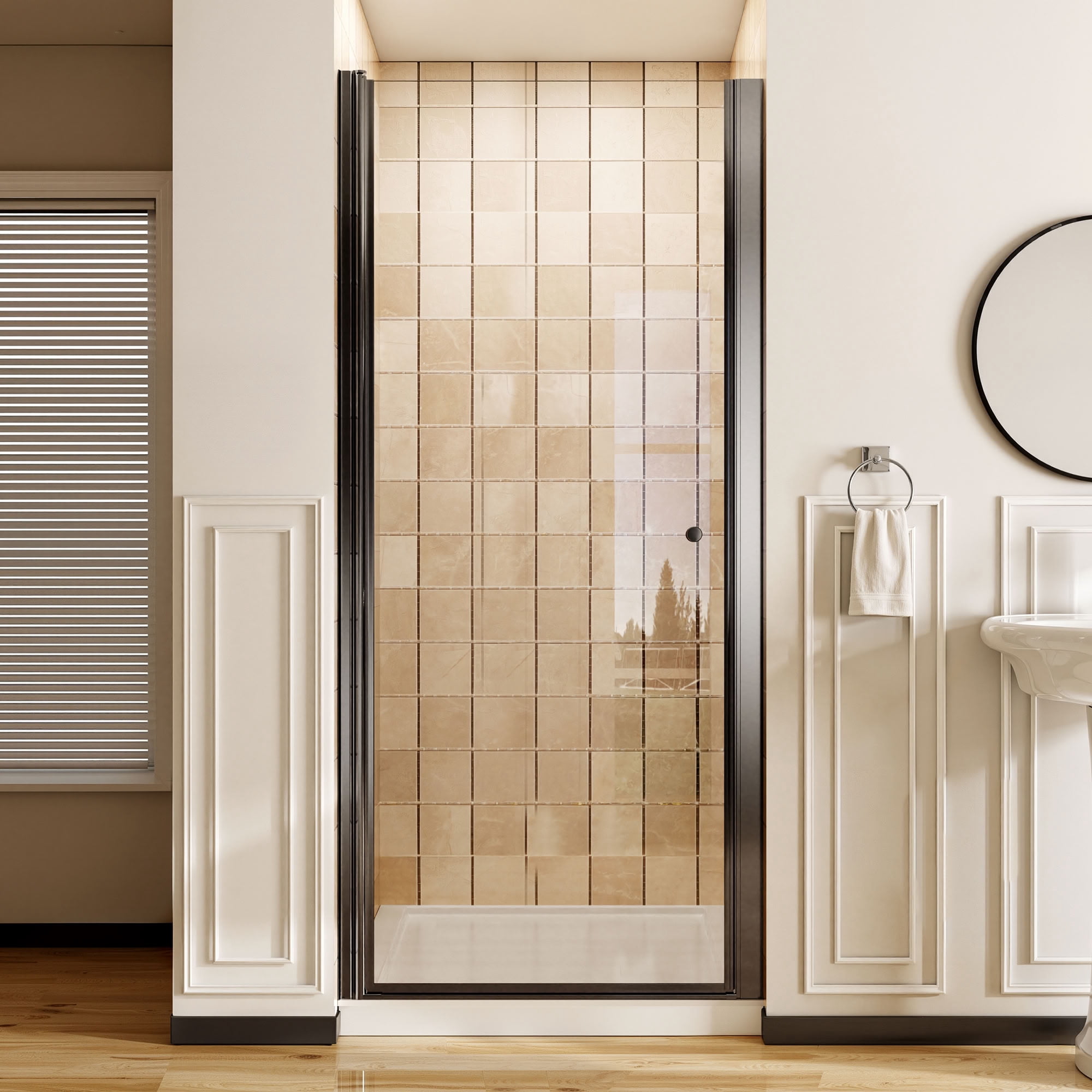 MAYEERTY Frameless Pivot Shower Door, Matte Black, 1/4" Tempered Glass with Explosion-Proof Film, Waterproof & 180° Pivot