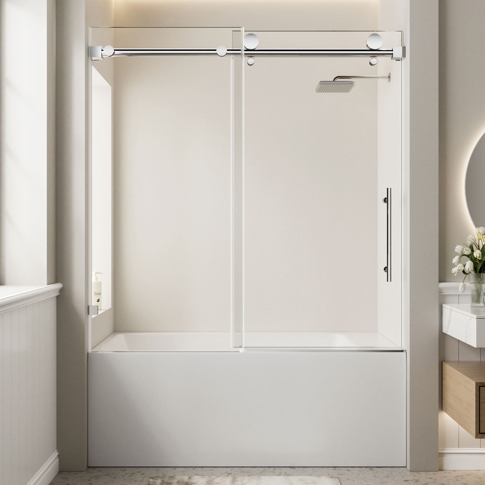 MAYEERTY Frameless Single Sliding Bathtub Door, Chrome, 5/16" Tempered Glass with Explosion-Proof Film, Waterproof & Reversible Installation