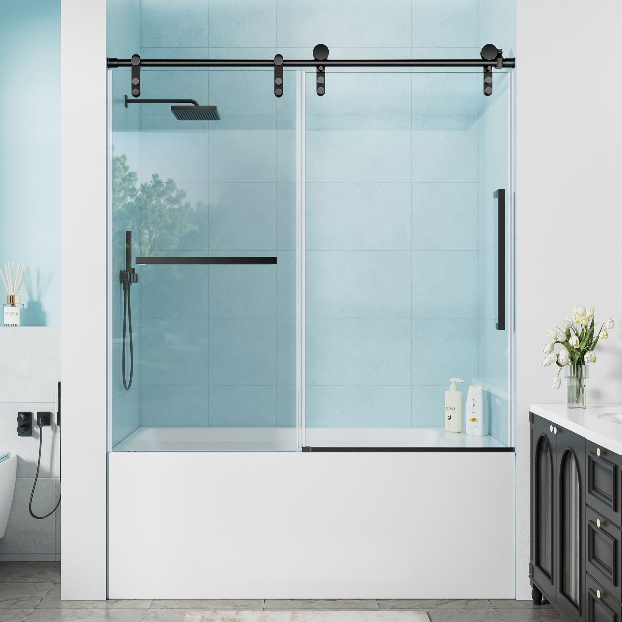 MAYEERTY Frameless Single Sliding Bathtub Door, Matte Black, 5/16" Tempered Glass with Explosion-Proof Film, Waterproof & Reversible Installation