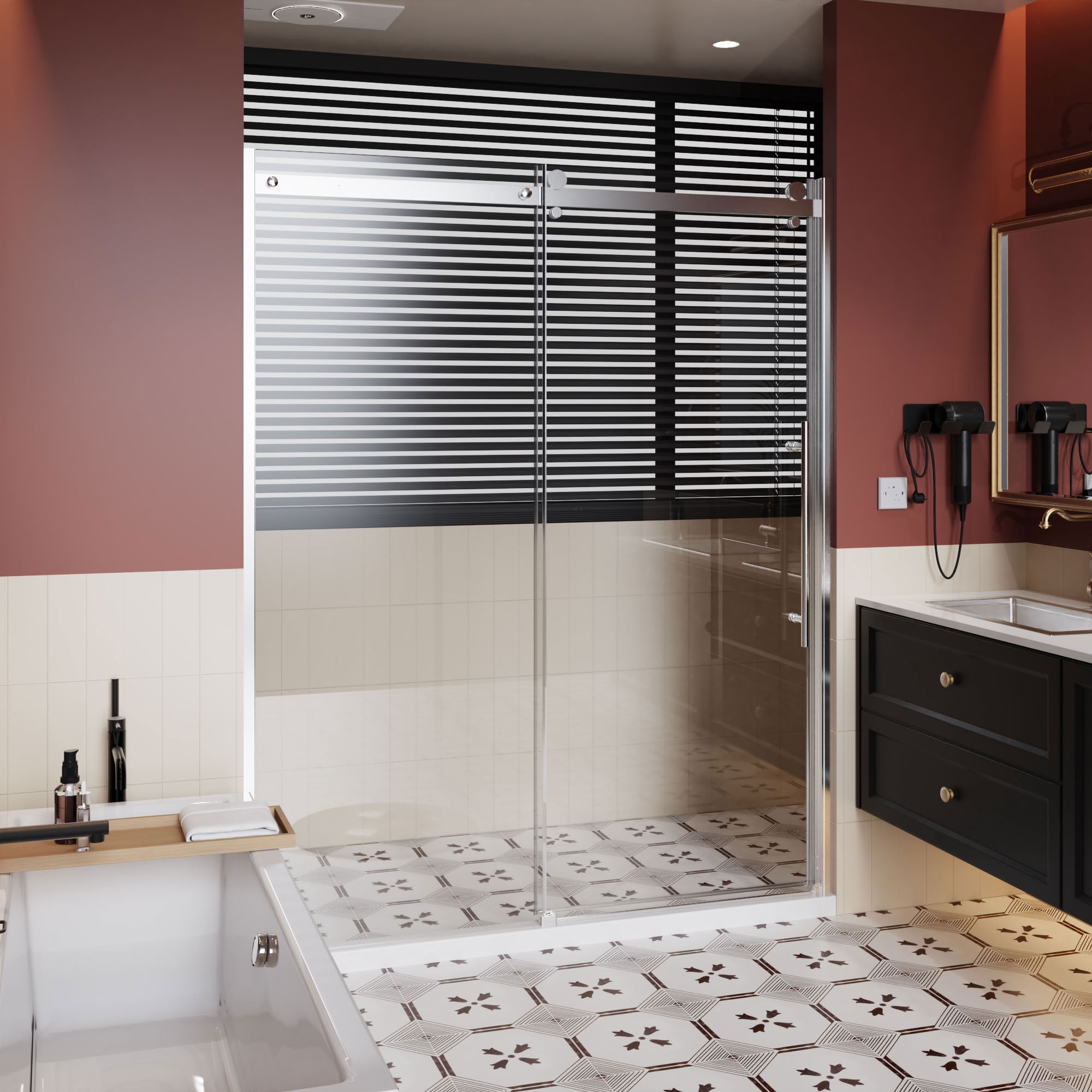 MAYEERTY Frameless Single Sliding Shower Door, Chrome Zinc Roller Rail, 1/4" Tempered Glass with Stainless Steel Handle, Waterproof & Reversible Installation