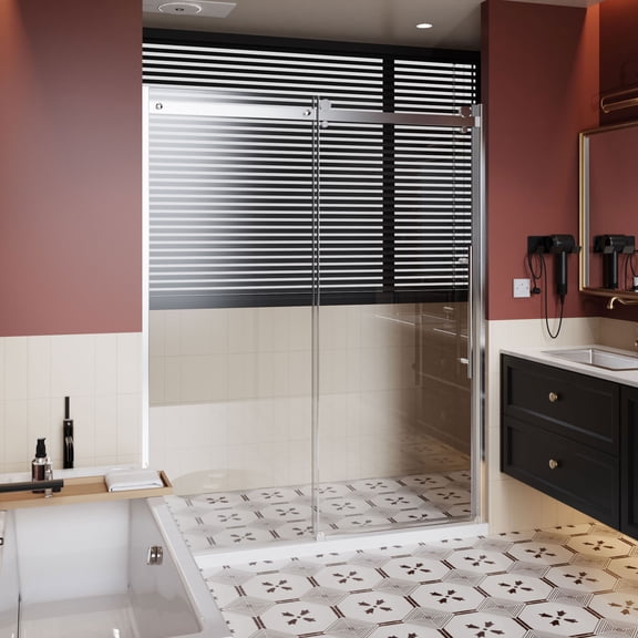 MAYEERTY Frameless Single Sliding Shower Door, Chrome Zinc Roller Rail, 1/4" Tempered Glass with Stainless Steel Handle, Waterproof & Reversible Installation