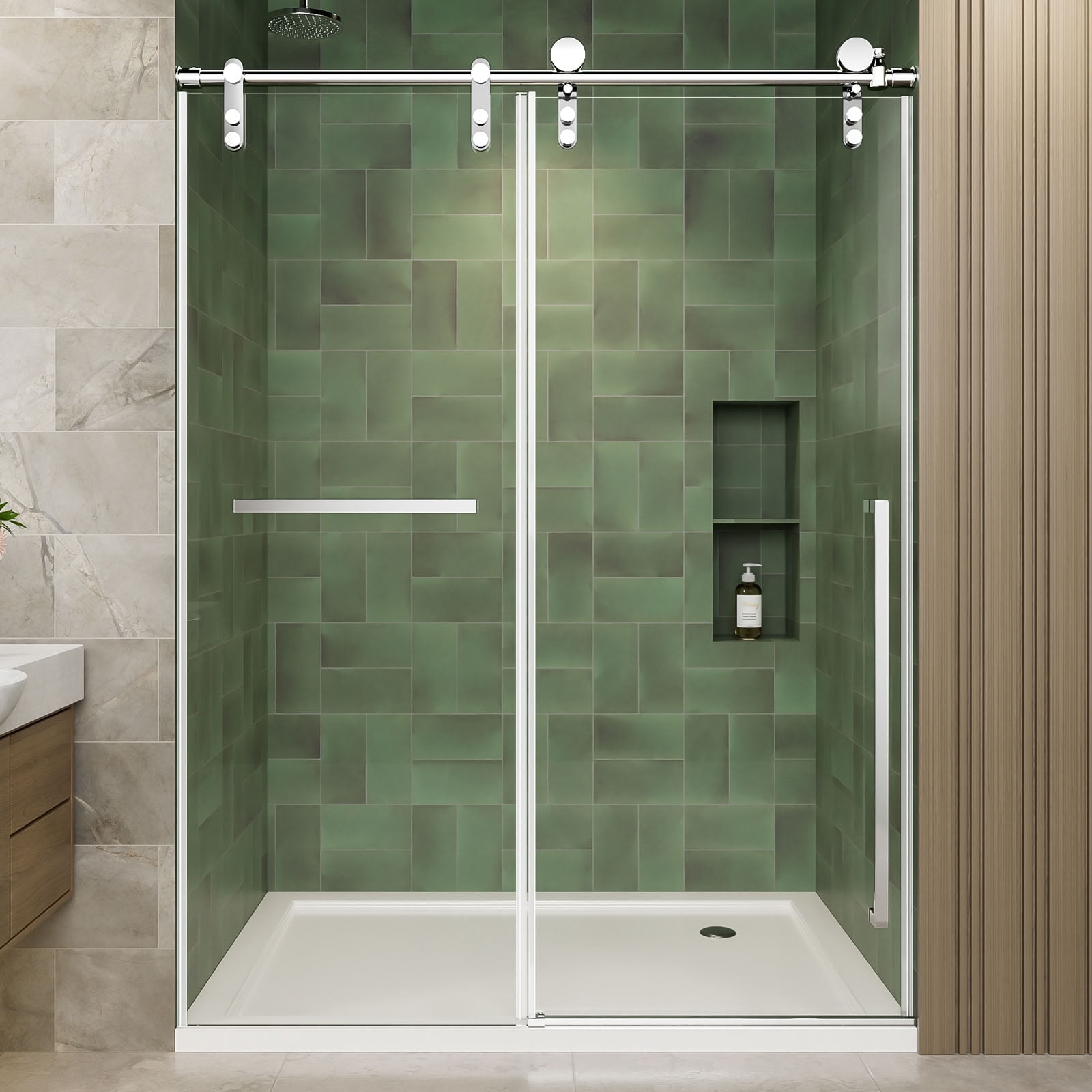 MAYEERTY Frameless Sliding Shower Door, Chrome Screen, 5/16" Tempered Glass with Explosion-Proof Film, Waterproof & Reversible Installation