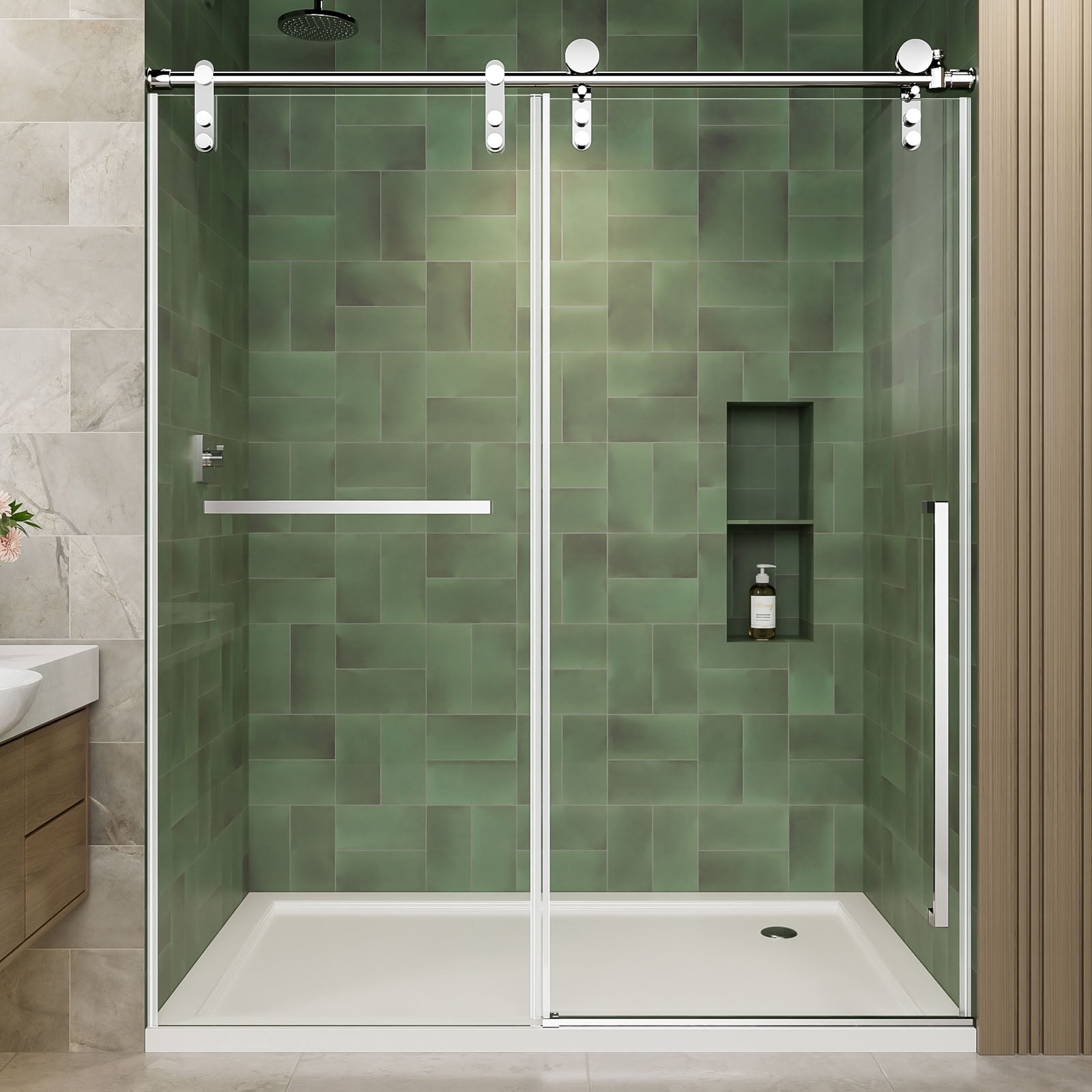 MAYEERTY Frameless Sliding Shower Door, Chrome Screen, 5/16" Tempered Glass with Explosion-Proof Film, Waterproof & Reversible Installation