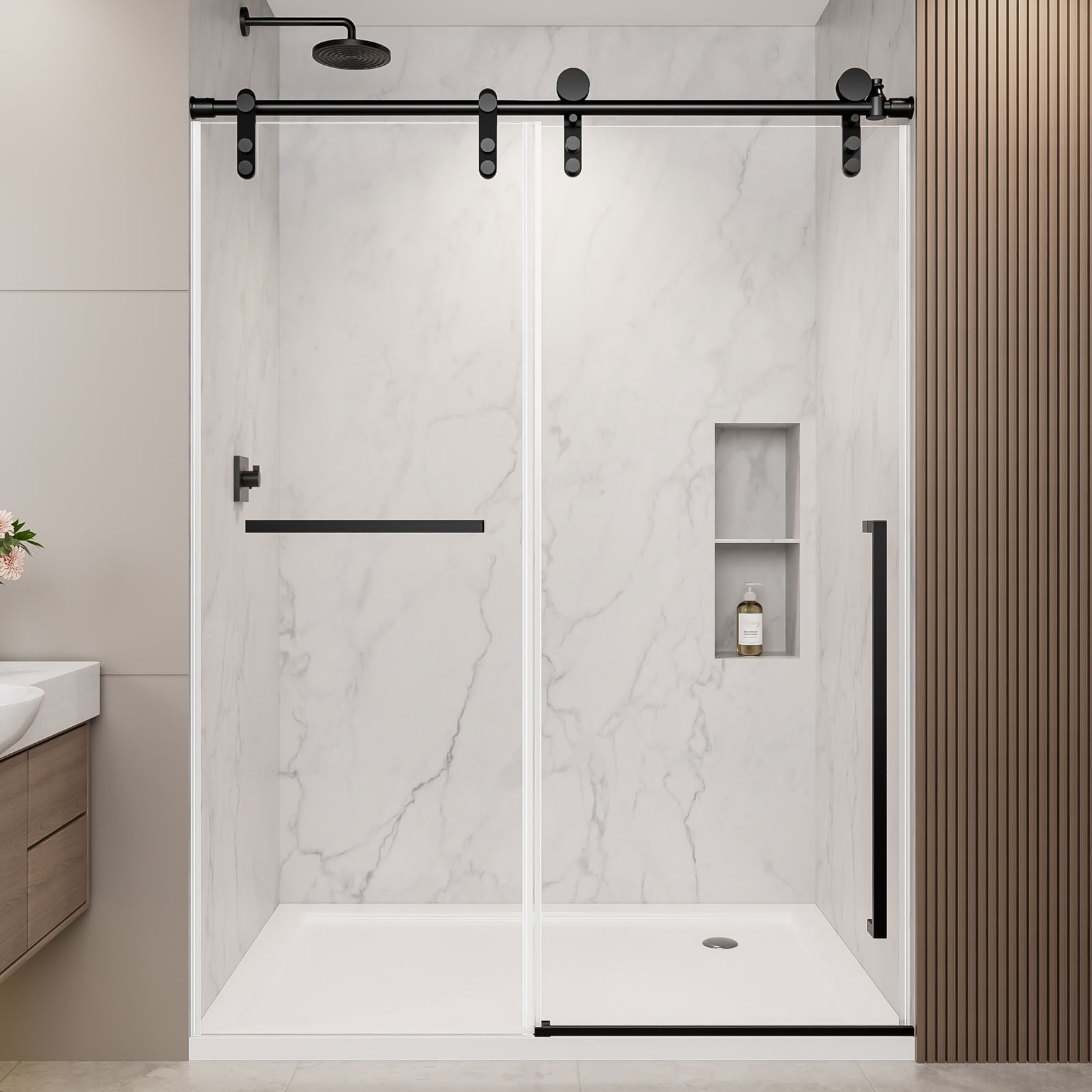 MAYEERTY Frameless Sliding Shower Door, Matte Black Screen, 5/16" Tempered Glass with Explosion-Proof Film, Waterproof & Reversible Installation