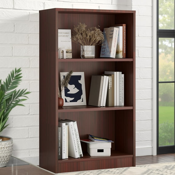 MAYEERTY Freestanding 3-Shelf Wood Bookshelf with Adjustable Shelves for Home Office,Cherry