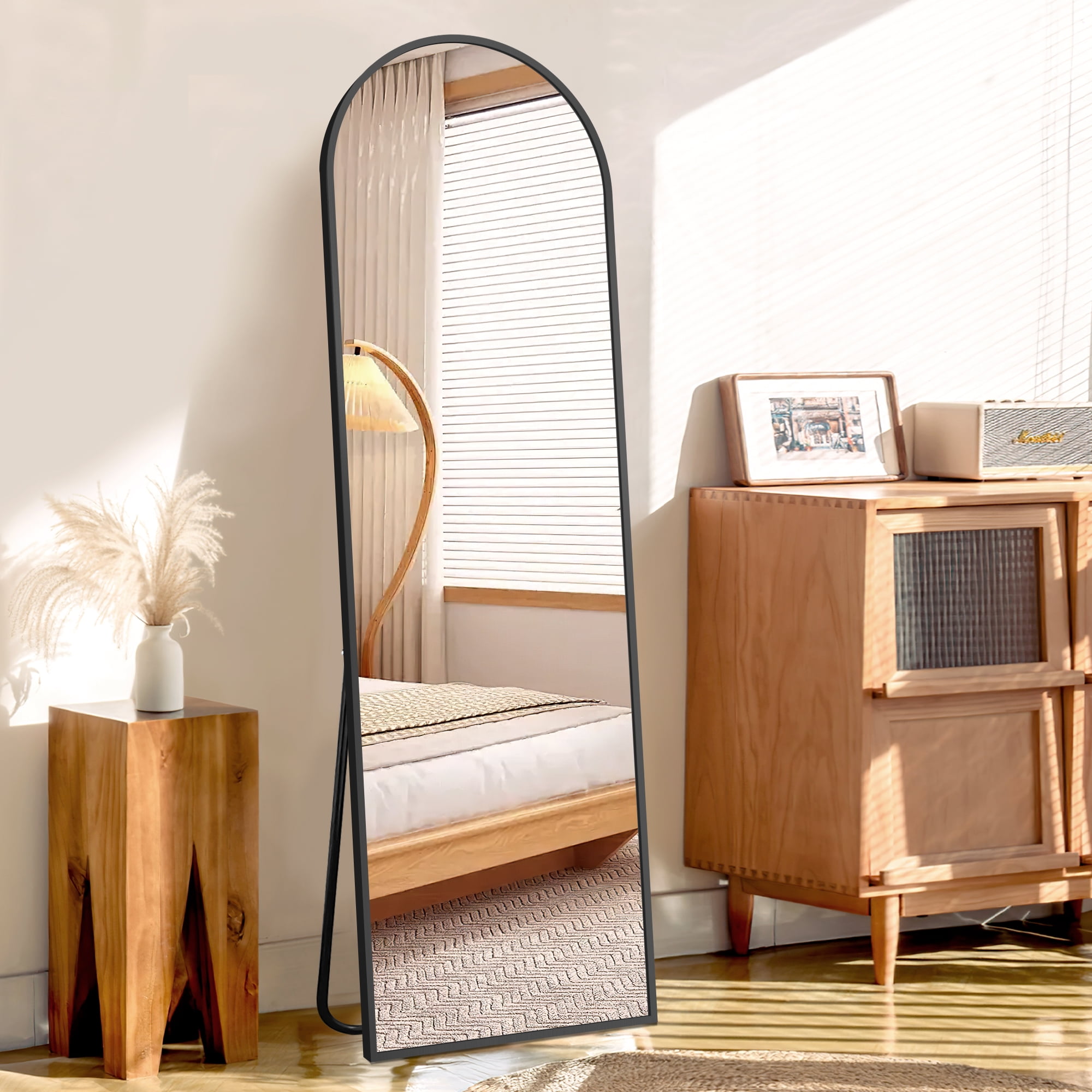MAYEERTY Freestanding Full Length Mirror with Stand, Aluminum Alloy Rounded Corner Tempered Glass Floor Mirror Wall Mounted for Bedroom Dressing Room, 64x21in, Gold