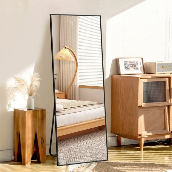 MAYEERTY Freestanding Full Length Mirror with Stand, Aluminum Alloy Floor Mirror Wall Mounted for Bedroom Dressing Room, 56x18in, Black